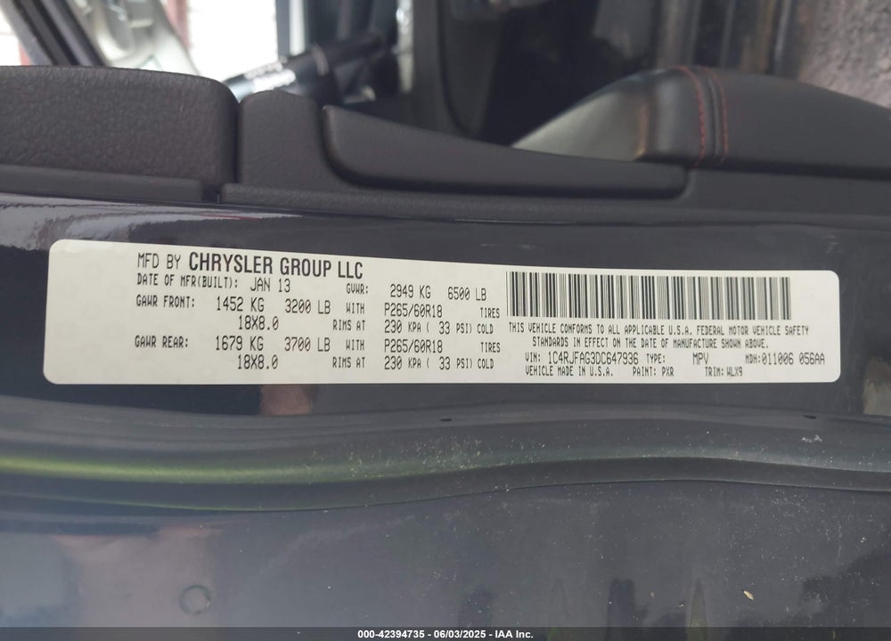 2013 JEEP GRAND CHEROKEE LAREDO TRAILHAWK VIN: 1C4RJFAG3DC647936