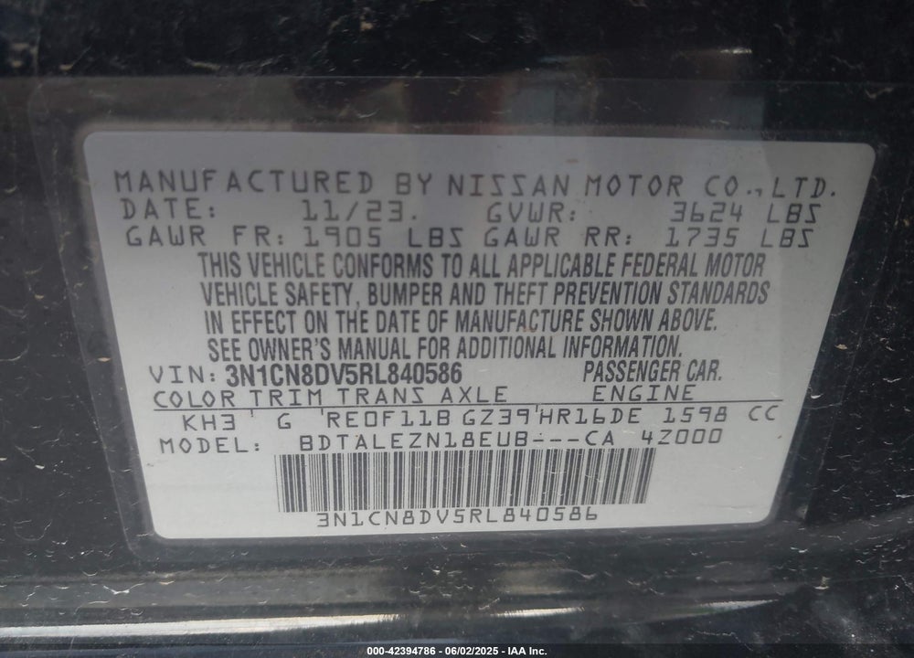 2024 NISSAN VERSA VIN: 3N1CN8DV5RL840586