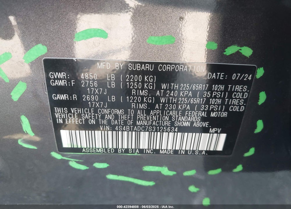 2025 SUBARU OUTBACK VIN: 4S4BTADC7S3125634