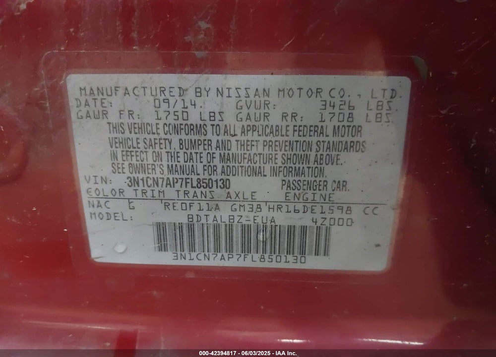 2015 NISSAN VERSA VIN: 3N1CN7AP7FL850130