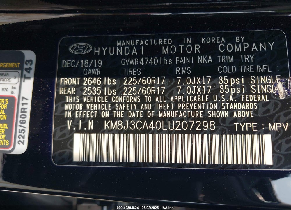 2020 HYUNDAI TUCSON VIN: KM8J3CA40LU207298