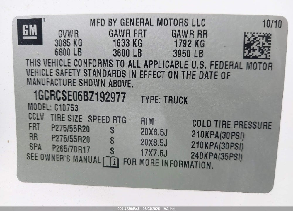 2011 CHEVROLET SILVERADO 1500 LT VIN: 1GCRCSE06BZ192977
