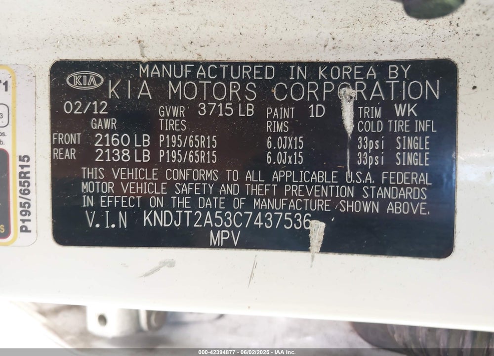 2012 KIA SOUL VIN: KNDJT2A53C7437536
