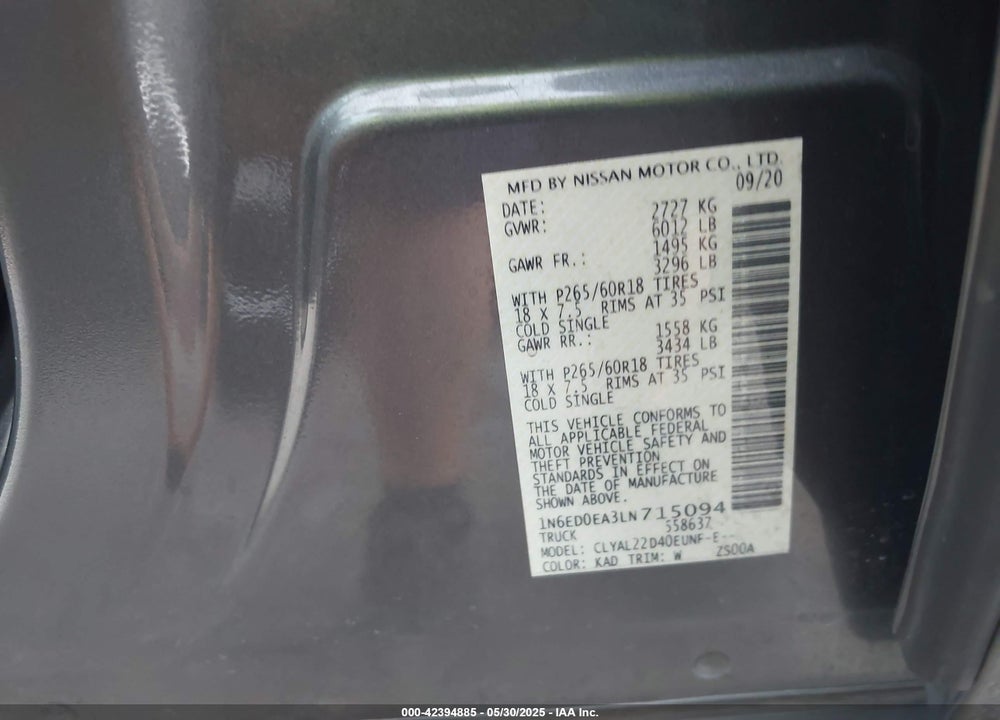 2020 NISSAN FRONTIER SV 4X2 VIN: 1N6ED0EA3LN715094
