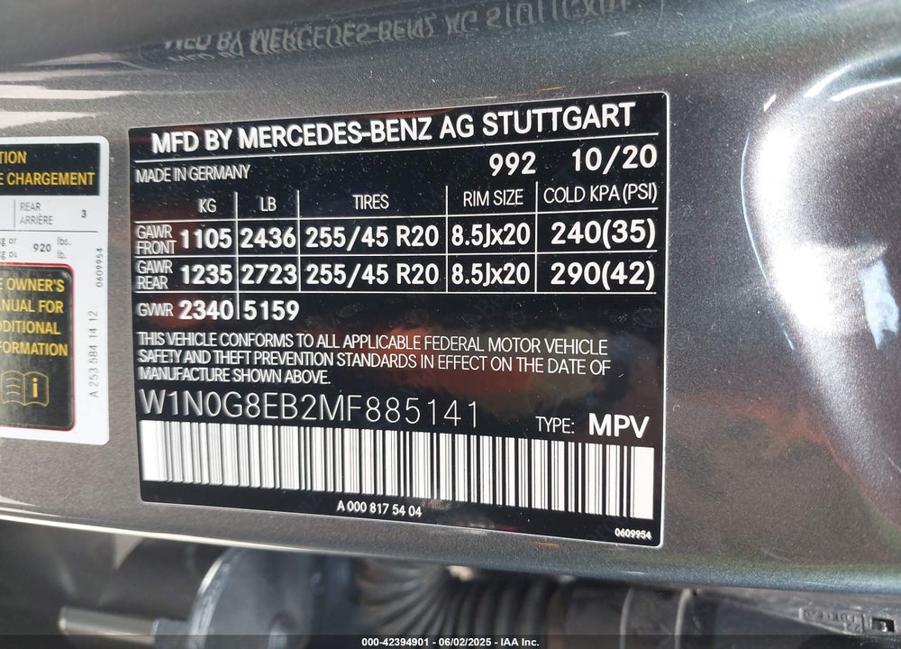 2021 MERCEDES-BENZ GLC 300 4MATIC SUV VIN: W1N0G8EB2MF885141