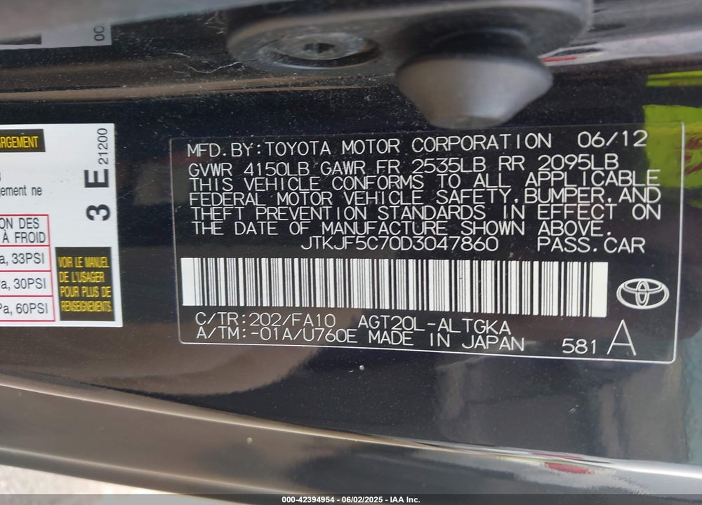 2013 SCION TC VIN: JTKJF5C70D3047860