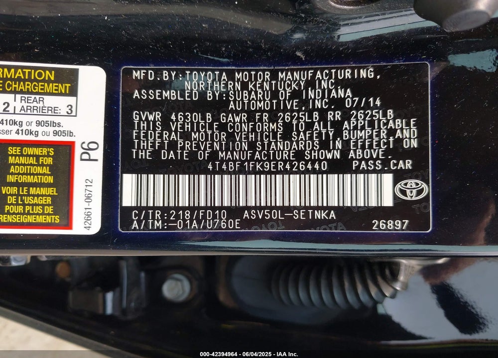 2014 TOYOTA CAMRY LE VIN: 4T4BF1FK9ER426440