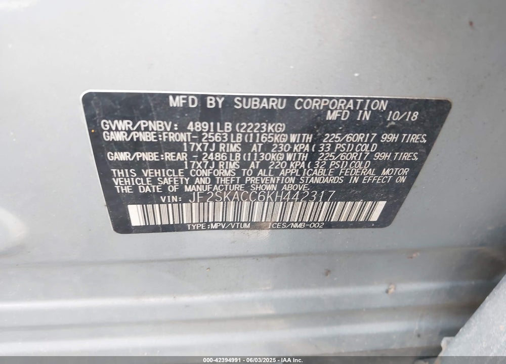 2019 SUBARU FORESTER VIN: JF2SKACC6KH442317