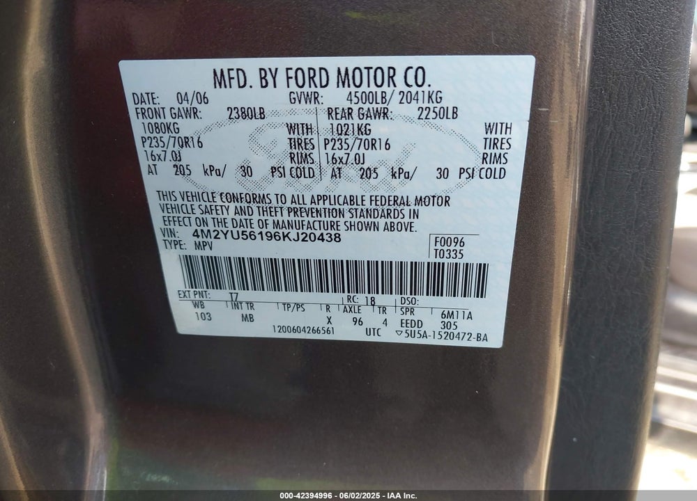 2006 MERCURY MARINER LUXURY/PREMIER VIN: 4M2YU56196KJ20438