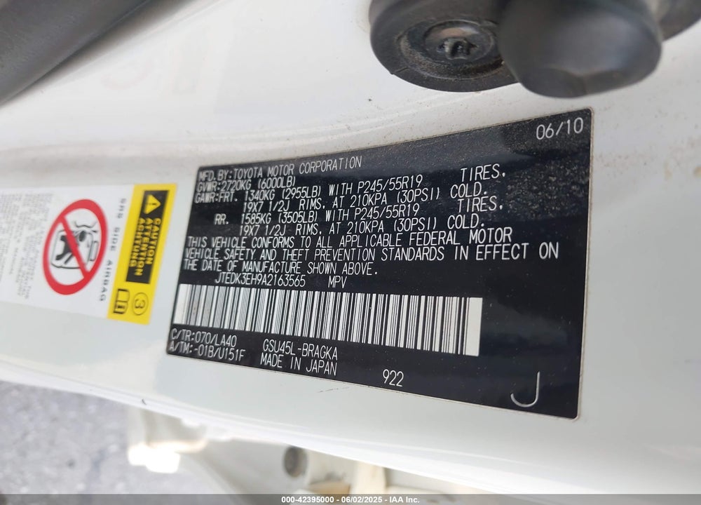 2010 TOYOTA HIGHLANDER VIN: JTEDK3EH9A2163565