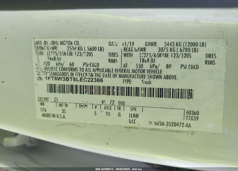 2020 FORD F-350 XLT VIN: 1FT8W3BT8LEC22366