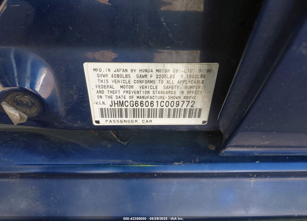 2001 HONDA ACCORD 2.3 EX VIN: JHMCG66061C009772