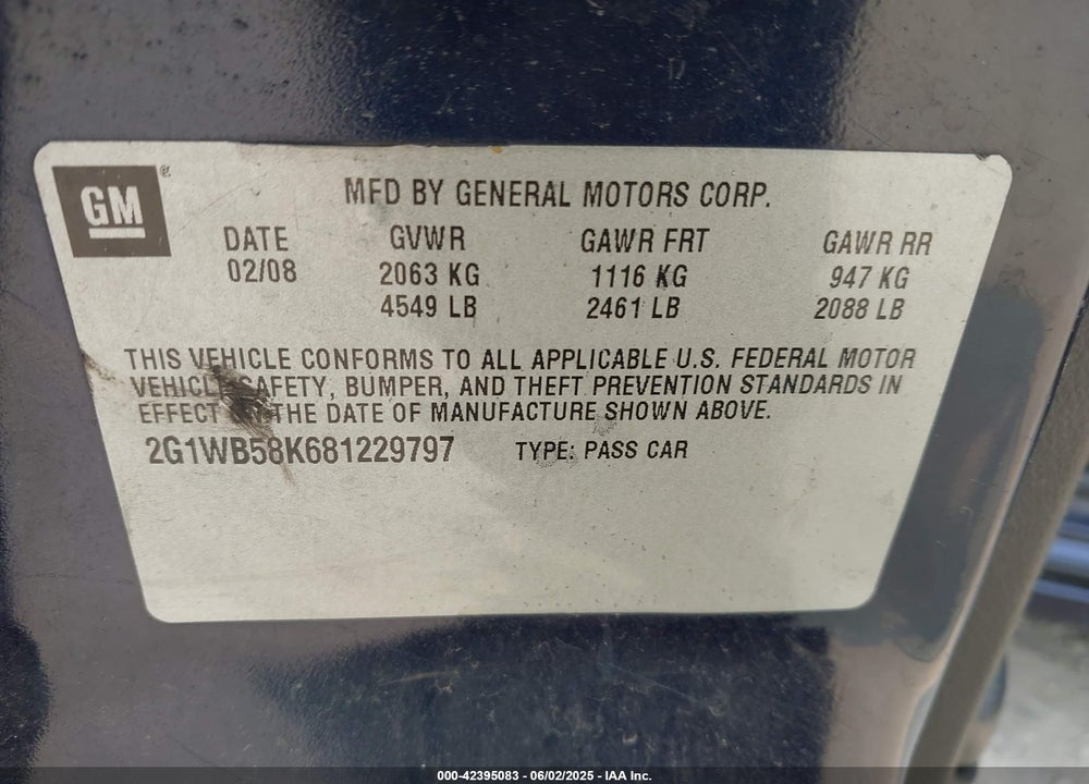 2008 CHEVROLET IMPALA VIN: 2G1WB58K681229797