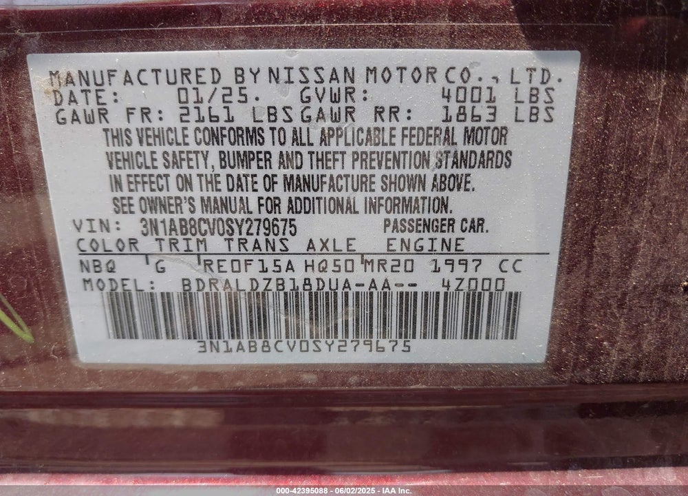 2025 NISSAN SENTRA VIN: 3N1AB8CV0SY279675