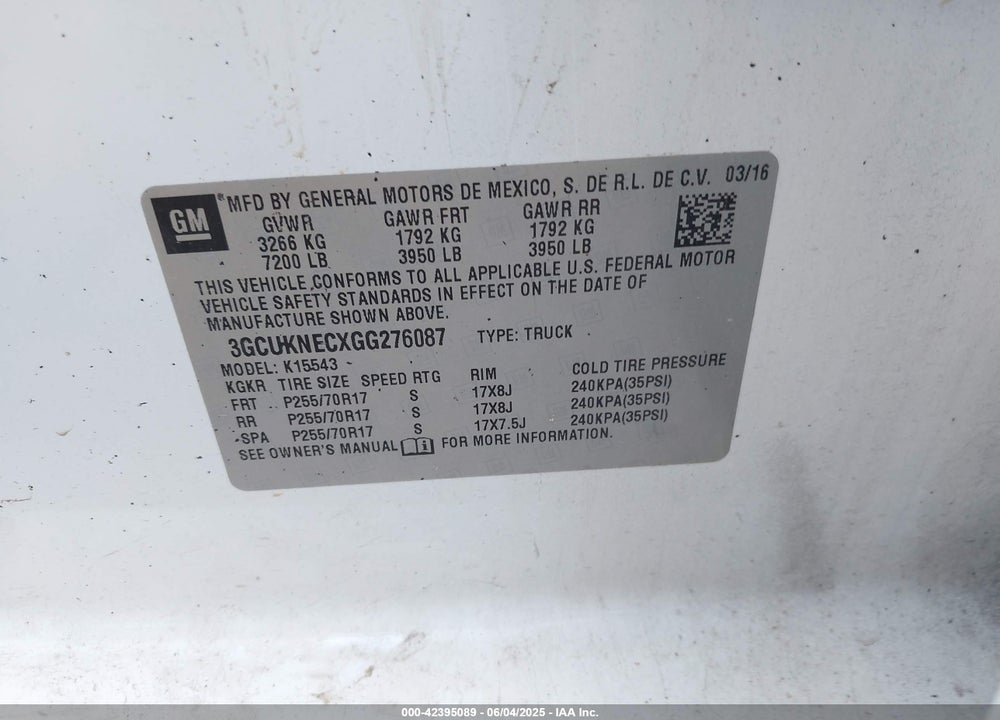 2016 CHEVROLET SILVERADO 1500 VIN: 3GCUKNECXGG276087