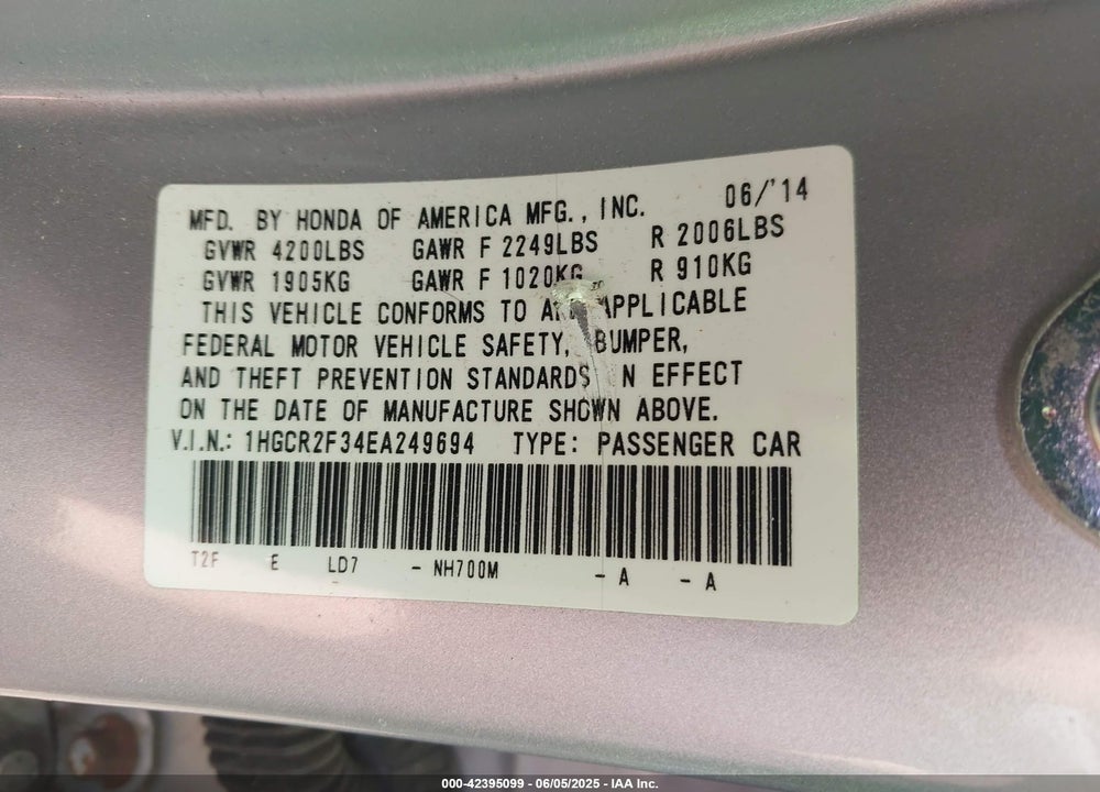 2014 HONDA ACCORD LX VIN: 1HGCR2F34EA249694