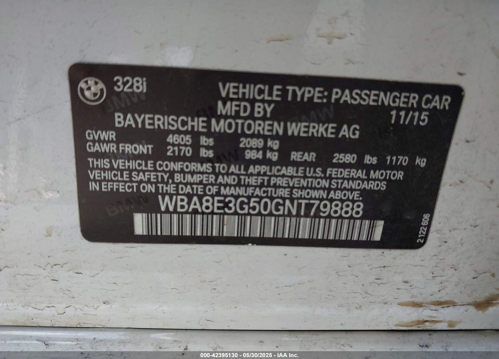2016 BMW 328I VIN: WBA8E3G50GNT79888