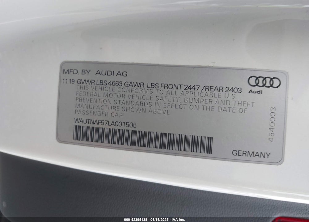 2020 AUDI A5 PREMIUM PLUS 45 TFSI QUATTRO S TRONIC VIN: WAUTNAF57LA001505