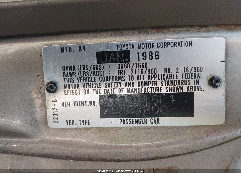 1986 TOYOTA CAMRY VIN: JT2SV16E1G0439200
