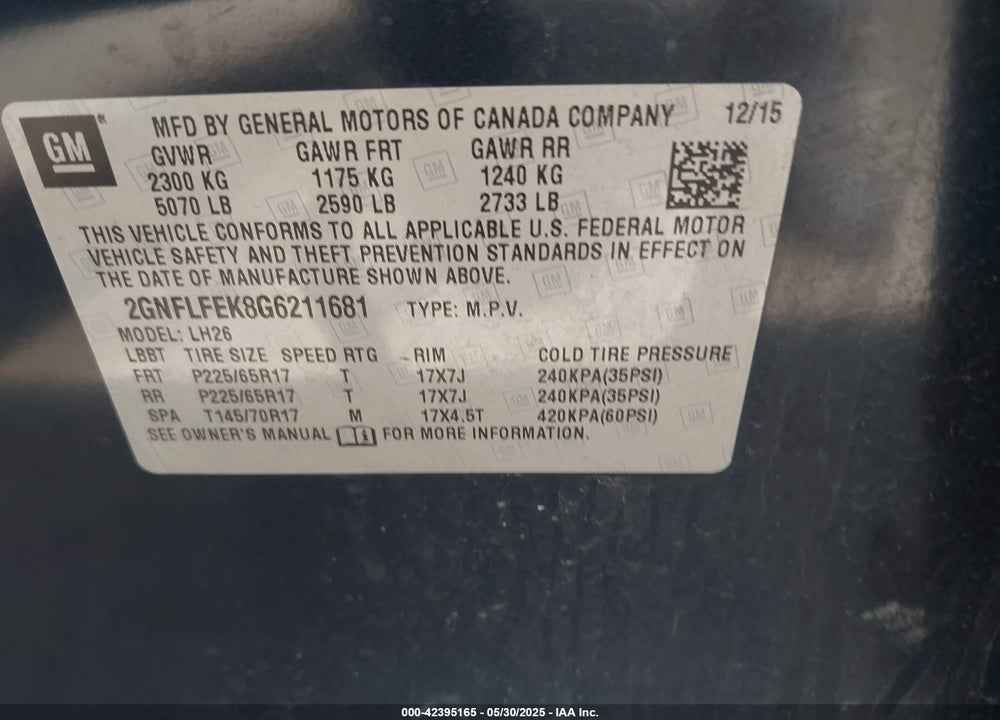2016 CHEVROLET EQUINOX VIN: 2GNFLFEK8G6211681