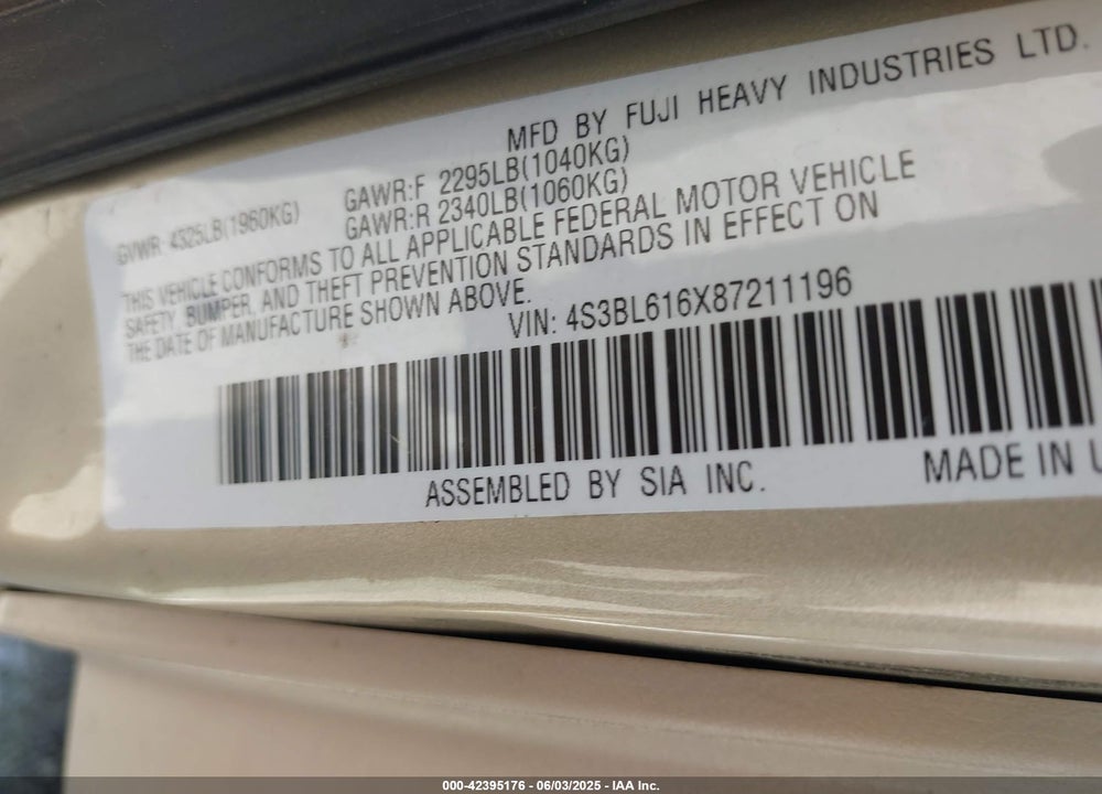 2008 SUBARU LEGACY 2.5I VIN: 4S3BL616X87211196