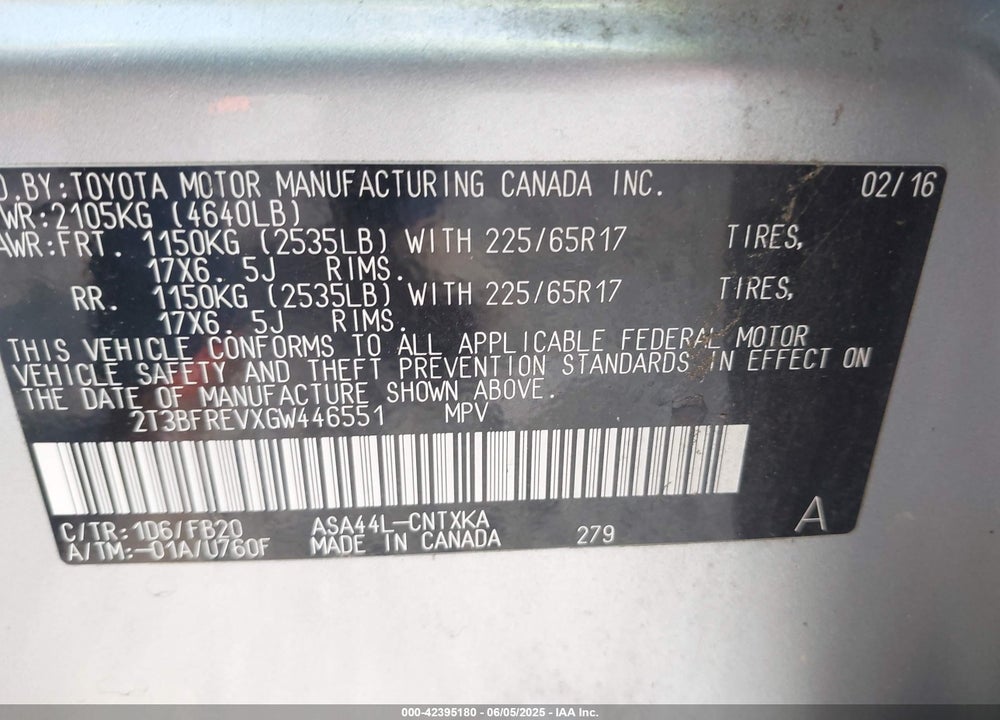 2016 TOYOTA RAV4 VIN: 2T3BFREVXGW446551