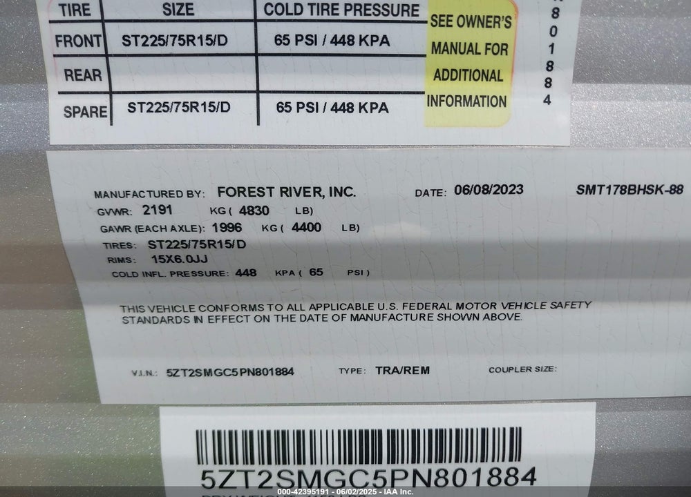2023 FOREST RIVER TRAVEL TRAILER VIN: 5ZT2SMGC5PN801884