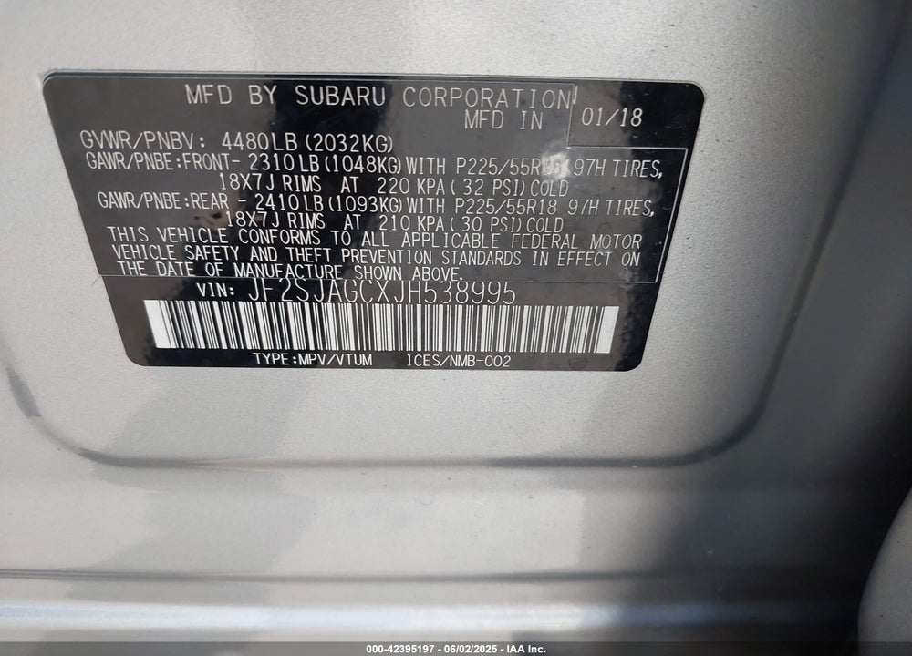 2018 SUBARU FORESTER VIN: JF2SJAGCXJH538995