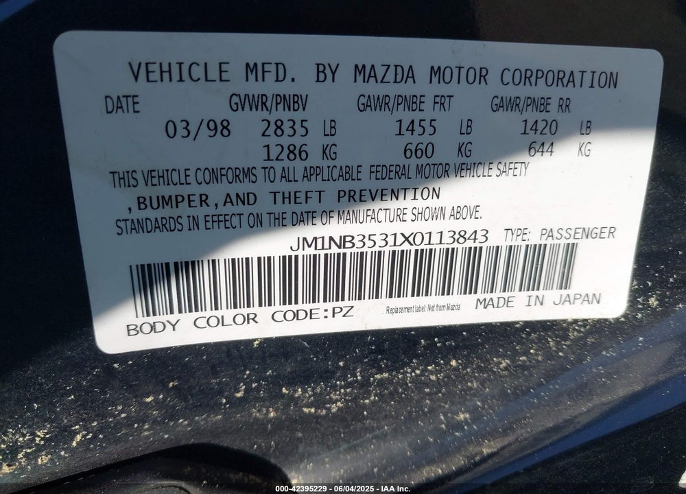 1999 MAZDA MX-5 MIATA LEATHER PKG/POPULAR EQUIPMENT PKG/SPORTS PKG/TOURING/TOURING PKG VIN: JM1NB3531X0113843