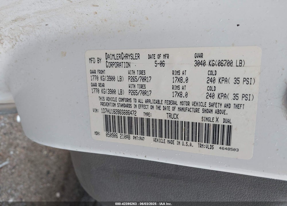 2006 DODGE RAM 1500 LARAMIE VIN: 1D7HU18286S686472