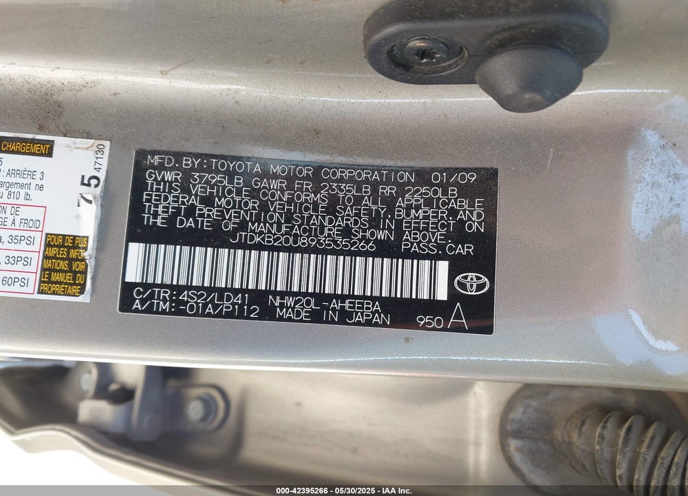 2009 TOYOTA PRIUS VIN: JTDKB20U893535266