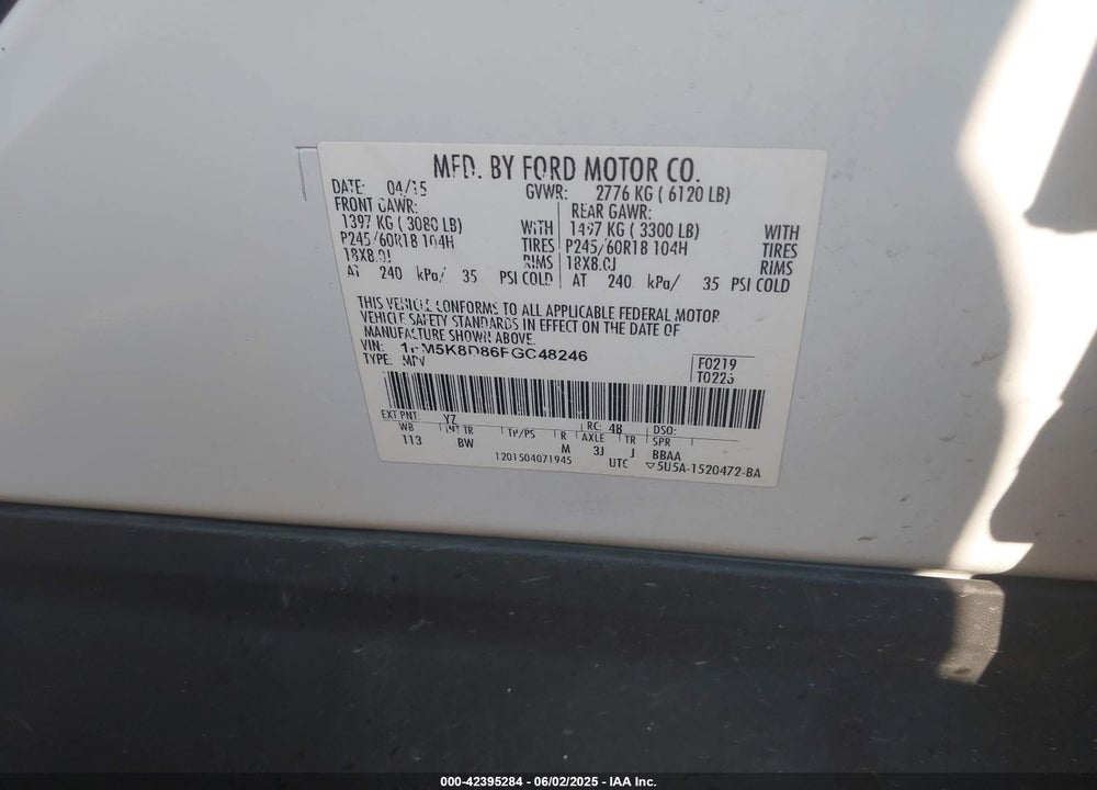2015 FORD EXPLORER VIN: 1FM5K8D86FGC48246
