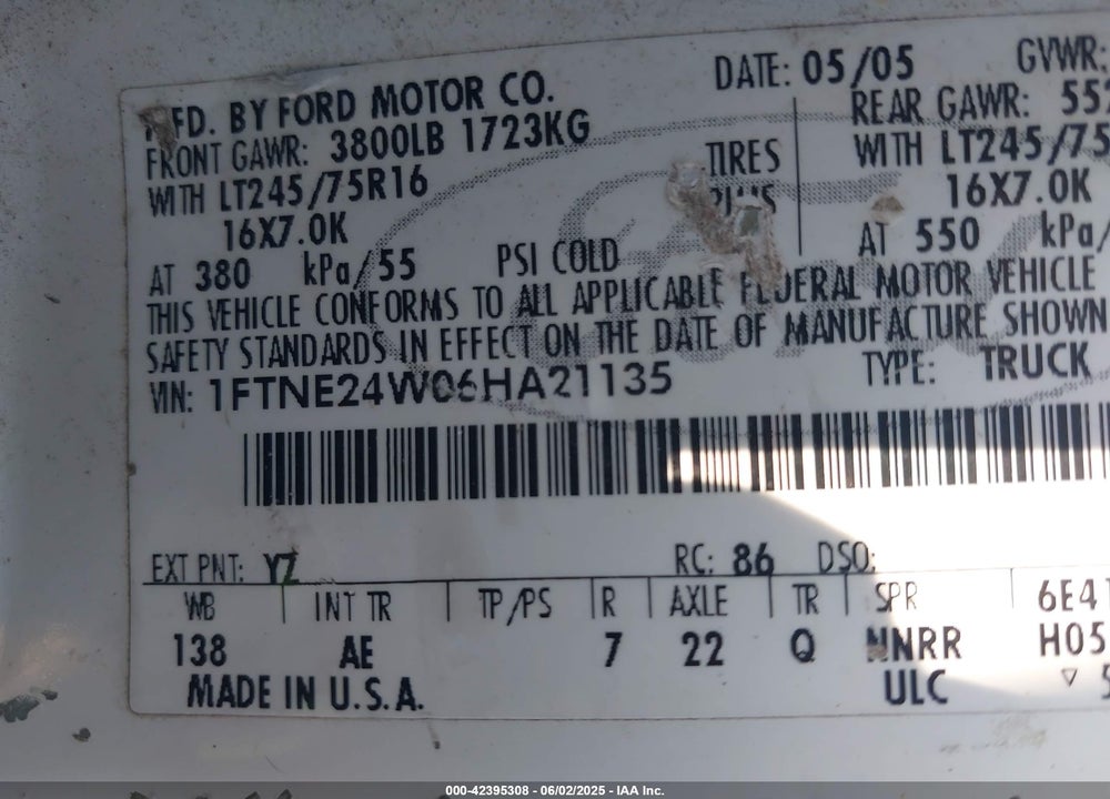 2006 FORD E-250 COMMERCIAL/RECREATIONAL VIN: 1FTNE24W06HA21135