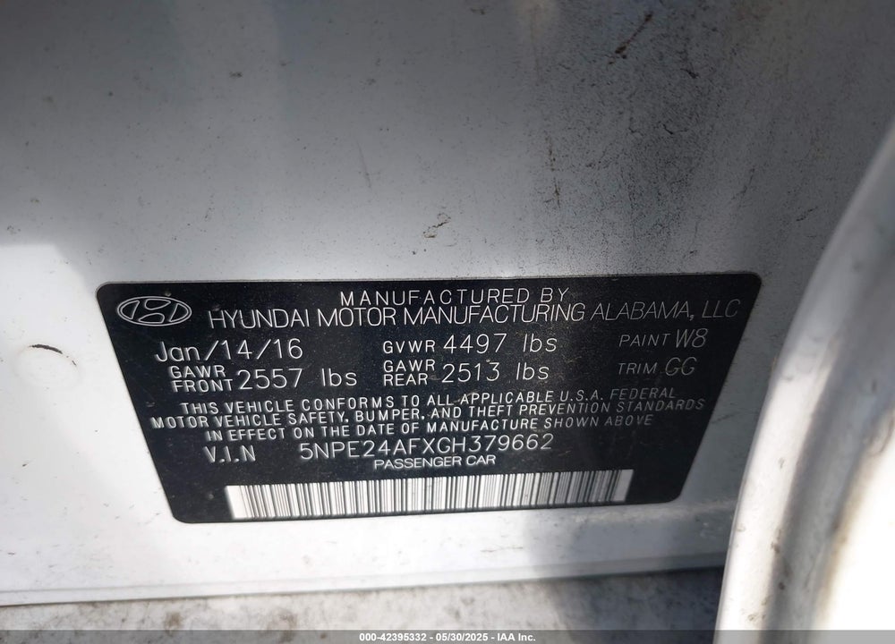 2016 HYUNDAI SONATA SE VIN: 5NPE24AFXGH379662