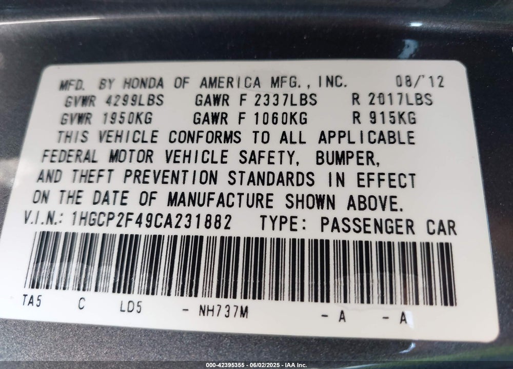 2012 HONDA ACCORD 2.4 LX-P VIN: 1HGCP2F49CA231882