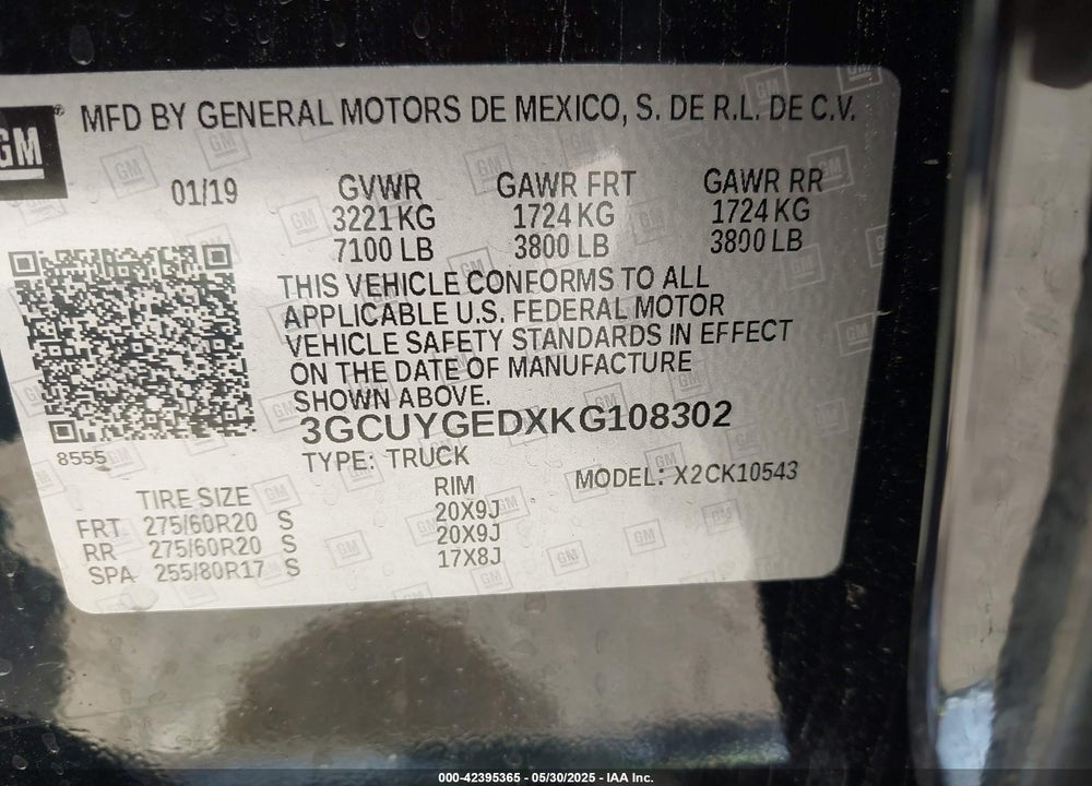 2019 CHEVROLET SILVERADO 1500 LTZ VIN: 3GCUYGEDXKG108302
