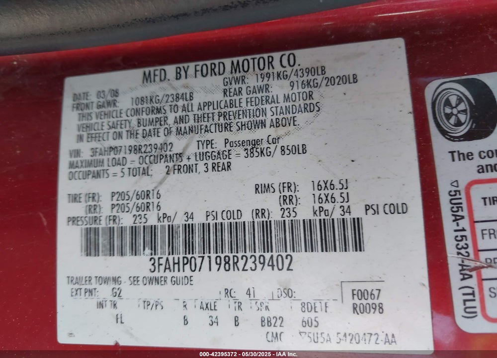 2008 FORD FUSION VIN: 3FAHP07198R239402