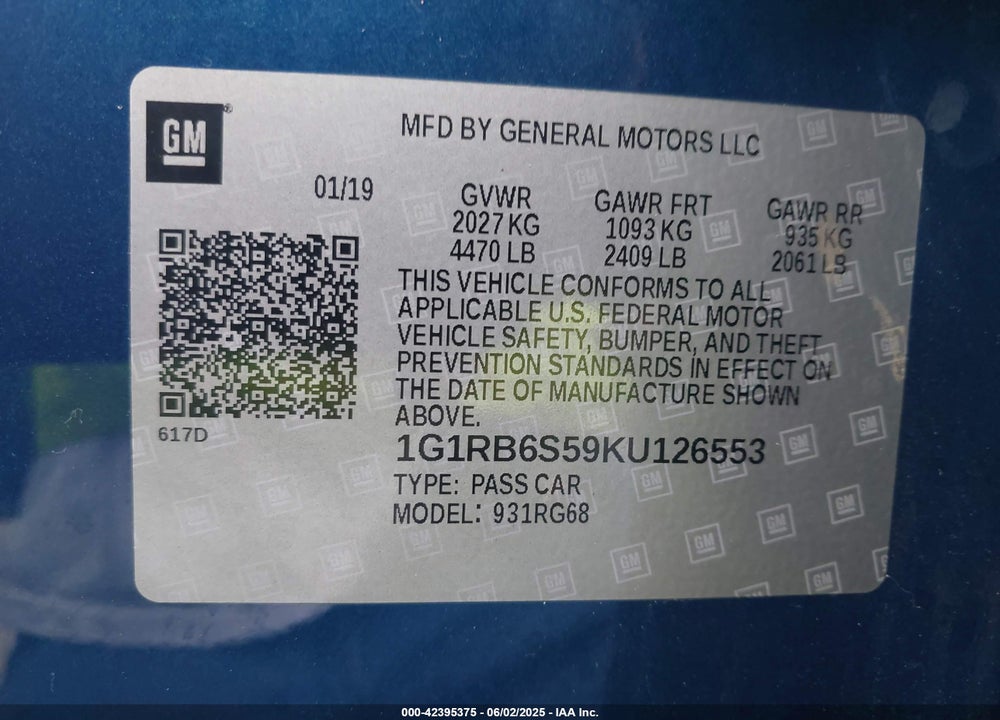2019 CHEVROLET VOLT PREMIER VIN: 1G1RB6S59KU126553