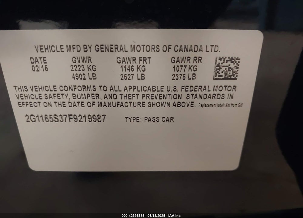 2015 CHEVROLET IMPALA VIN: 2G1165S37F9219987