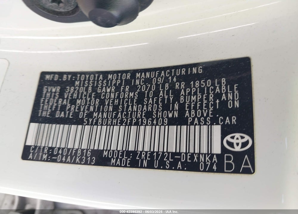 2015 TOYOTA COROLLA LE PLUS VIN: 5YFBURHE2FP196409
