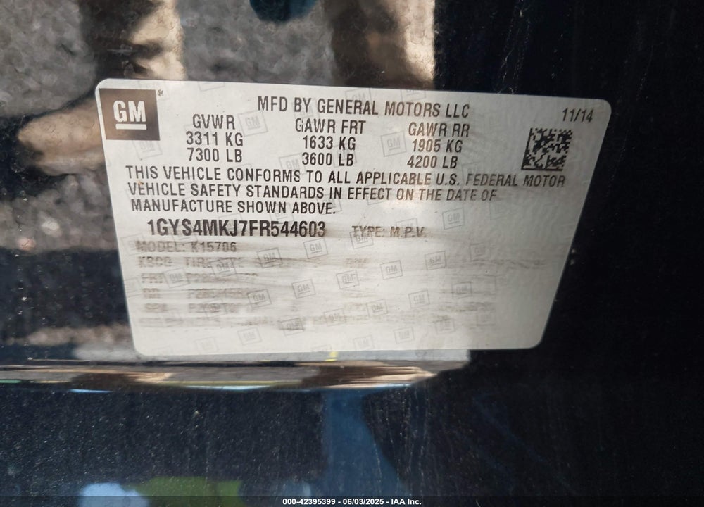 2015 CADILLAC ESCALADE VIN: 1GYS4MKJ7FR544603