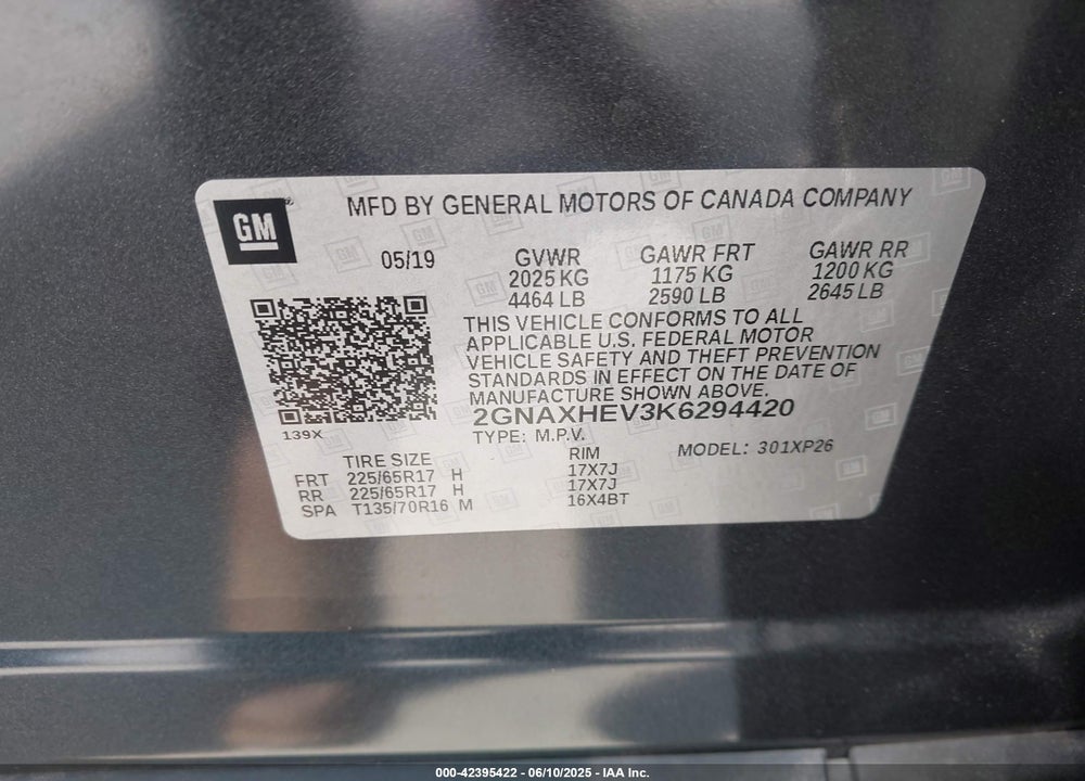 2019 CHEVROLET EQUINOX LS VIN: 2GNAXHEV3K6294420