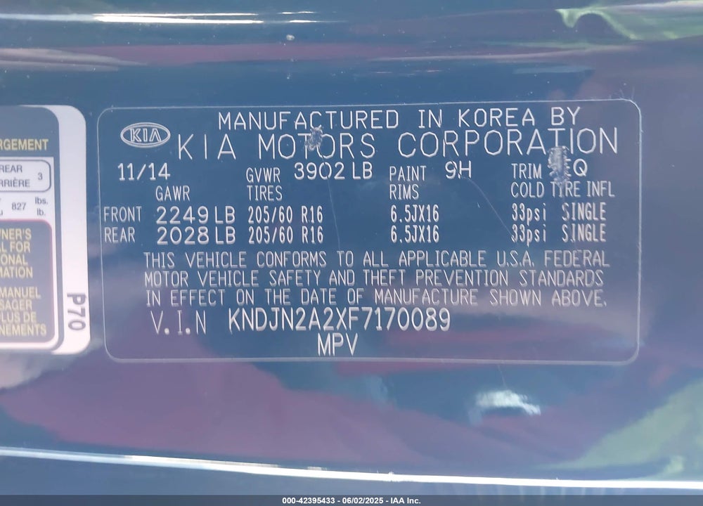2015 KIA SOUL VIN: KNDJN2A2XF7170089