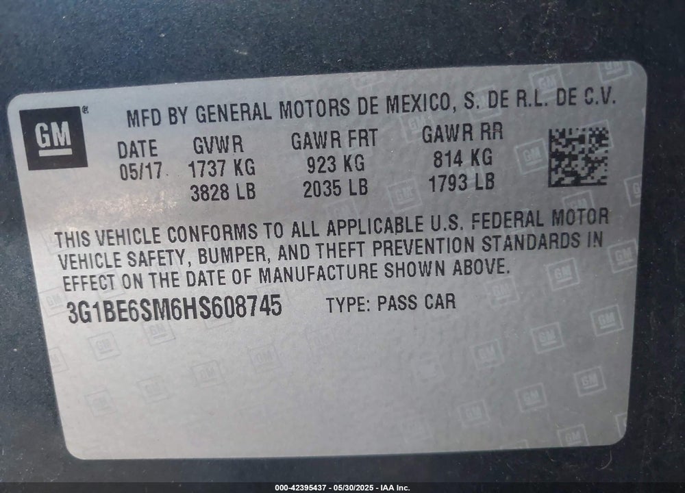 2017 CHEVROLET CRUZE LT AUTO VIN: 3G1BE6SM6HS608745