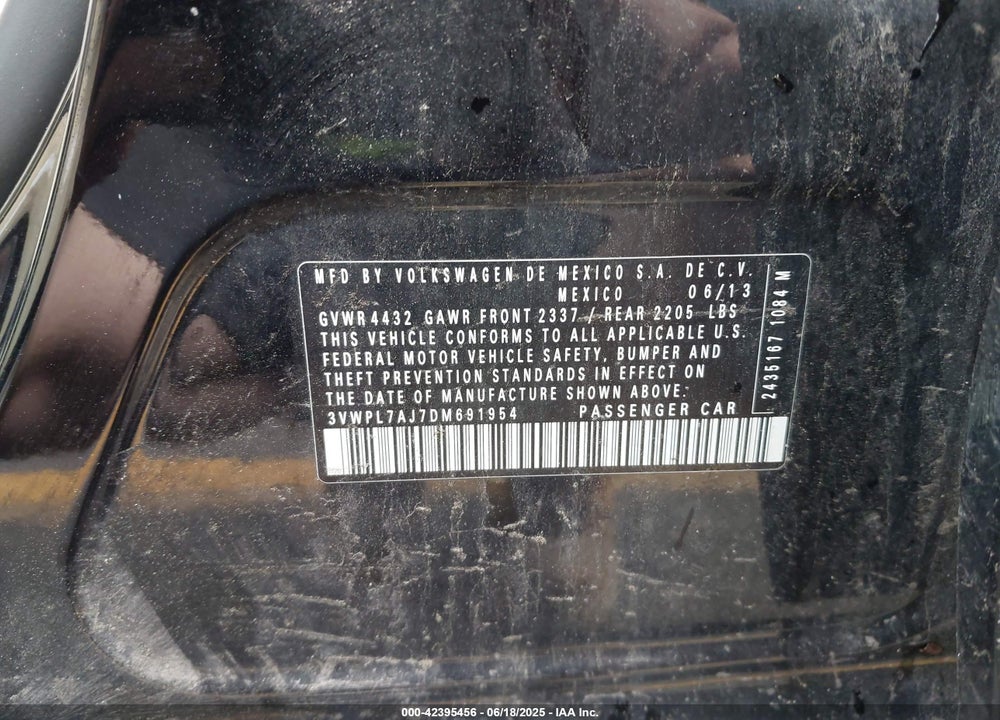 2013 VOLKSWAGEN JETTA VIN: 3VWPL7AJ7DM691954
