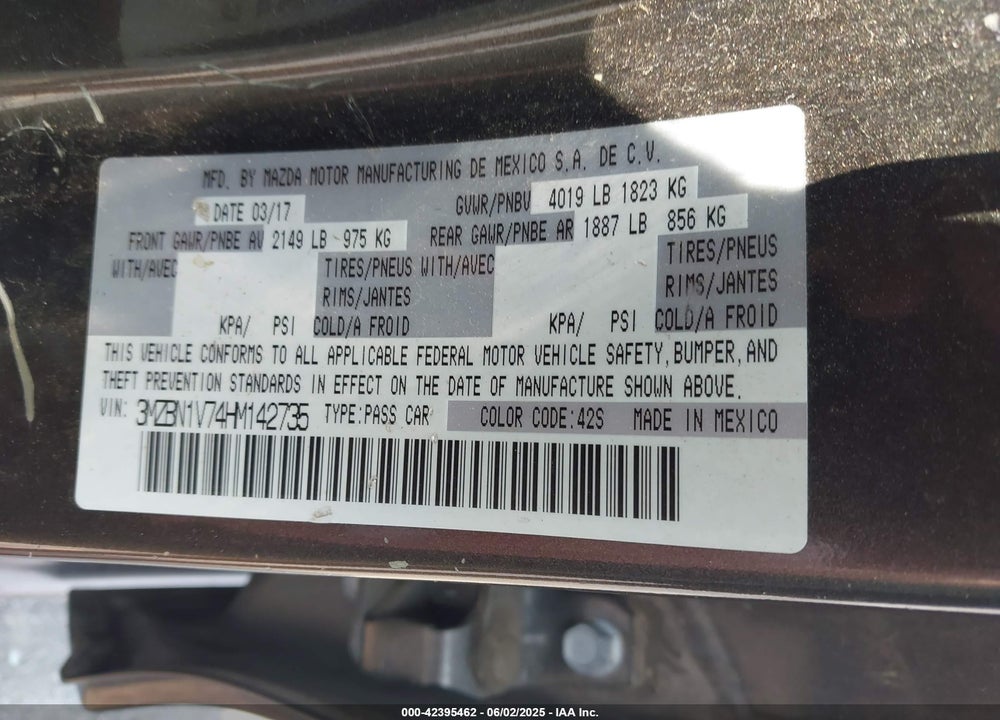 2017 MAZDA 3 VIN: 3MZBN1V74HM142735