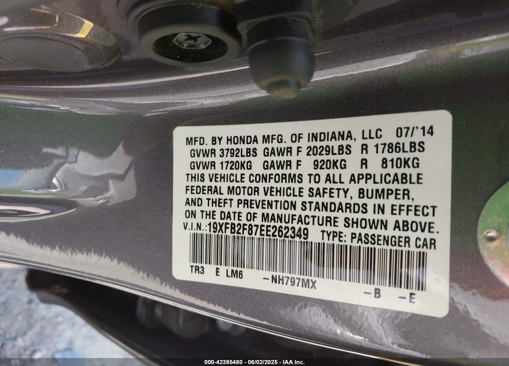 2014 HONDA CIVIC VIN: 19XFB2F87EE262349