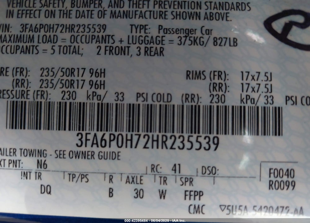 2017 FORD FUSION SE VIN: 3FA6P0H72HR235539