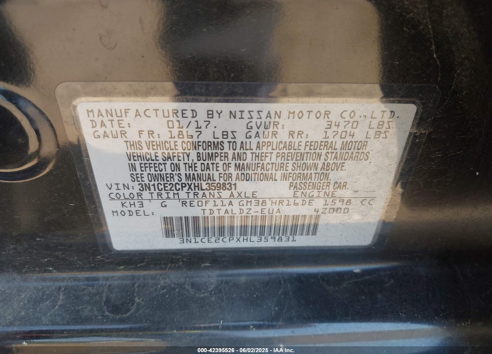 2017 NISSAN VERSA NOTE VIN: 3N1CE2CPXHL359831