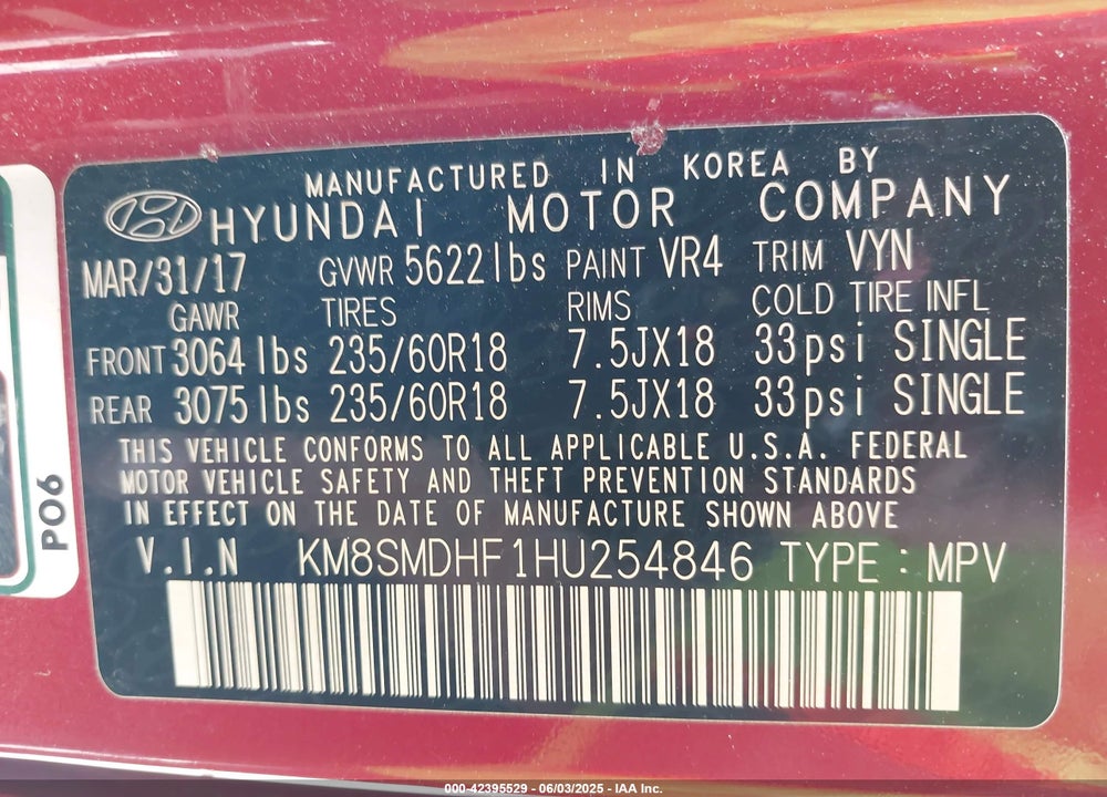 2017 HYUNDAI SANTA FE SE VIN: KM8SMDHF1HU254846